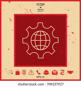 Globe of the Earth inside a gear or cog, setting parameters, Global Options - line icon
