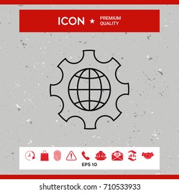 Globe of the Earth inside a gear or cog, setting parameters, Global Options - line icon