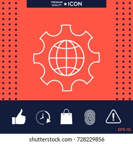 Globe of the Earth inside a gear or cog, setting parameters, Global Options - line icon