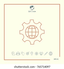 Globe of the Earth inside a gear or cog, setting parameters, Global Options - line icon