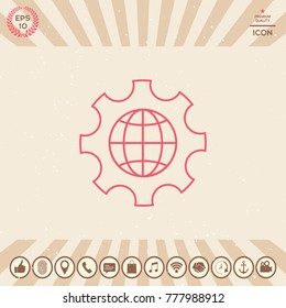 Globe of the Earth inside a gear or cog, setting parameters, Global Options - line icon