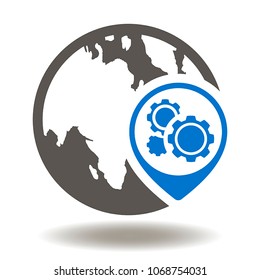 Globe Earth Location Button Gears Mechanism Icon Vector. Global Automation Process Modernization Illustration. World Automatic System Map Marker Logo Symbol.