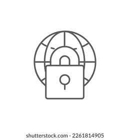 Tierra de globo con candado, el mundo cierra el icono lineal. Tecnología global, internet, diseño de símbolos de redes sociales.