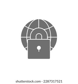 Globe earth with lock, world lock down grey fill icon. Global technology, internet, social network symbol design.
