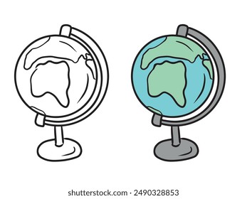 Globe with earth map standing isolated on white background. Hand drawn vector sketch illustration in doodle engraved line art style. Geography learning equipment, school, study concept