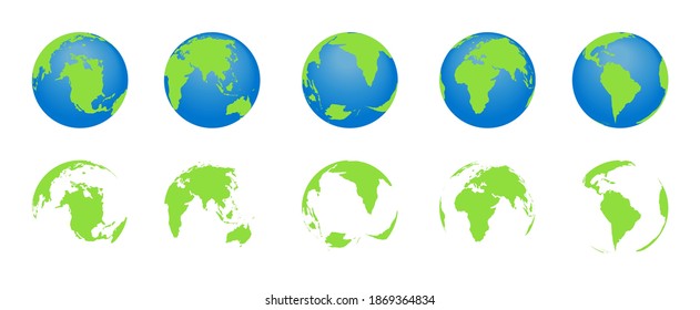 Globe earth with map world. Icons of planets. Europe, america, africa, asia, australia continents. Global spheres isolated on white background. 3d graphic silhouettes. Set of earth for travel. Vector.