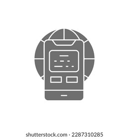 Globe earth with mobile phone grey fill icon. Global technology, internet, social network symbol design.