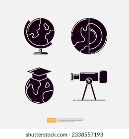 globe earth model, core of earth, graduation hat, telescope. geography knowledge and education icon. science and school vector illustration