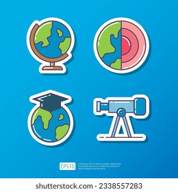 globe earth model, core of earth, graduation hat, telescope. geography knowledge and education flat sticker icon. science and school vector illustration