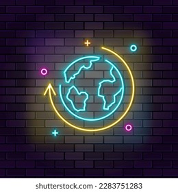 Globe Earth neon icon. Education neon icon on dark brick wall background