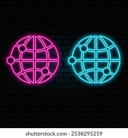 Globe Earth neon icon. Education neon icon on dark brick wall background.