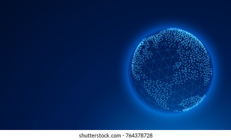 Globe earth on blue technology background. wireframe, line and light dots. Global communications future concept. 