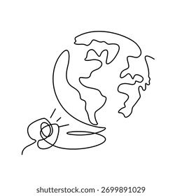 Globo. Dibujo de una línea del globo terráqueo de la Ilustración vectorial minimalista del mapa del mundo aislada en el fondo blanco. Dibujo de arte lineal continuo.
