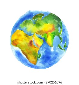 Globe Earth painted watercolor. Hand drawing. Vectorized watercolor illustration.
