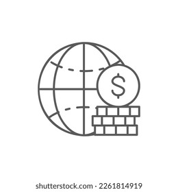 Globe earth with pile of coins lineal icon. Global technology, internet, social network symbol design.