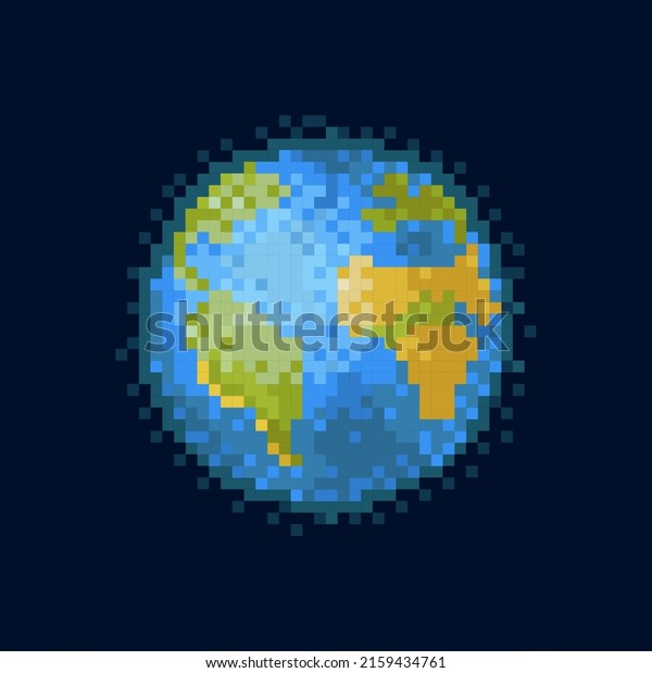 Globe Earth pixel art planet with land, sea and\
ocean, outer space globe isolated on black. Vector globe with water\
or aqua, cartoon 8 bit game universe. Galaxy planet, pixelated ball\
in cosmos