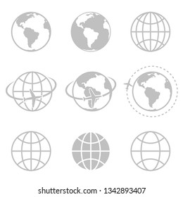 Globe and earth planet black icon set. Spherical rounded object. Vector line art illustration isolated on white background