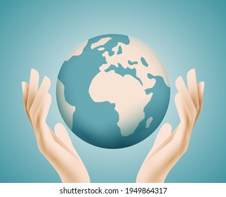 Globe Earth planet in human hands. Global environment or ecology or support concept. Vector illustration