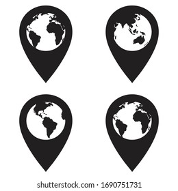 Icono de planeta globo y tierra con ubicación GPS. aislado en fondo blanco, vectorial Ilustración