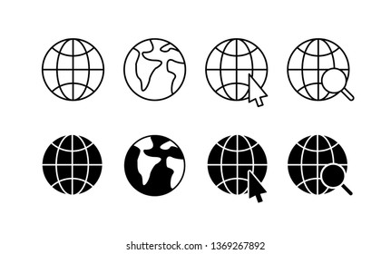 Globe and earth planet web icons in line style. Navigational Equipment, Planet Earth, Airplane, Map. Vector illustration