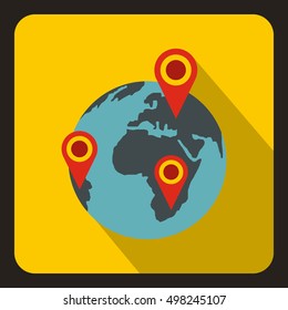Globe earth with pointer marks icon. Flat illustration of globe and pointer marks vector icon for web