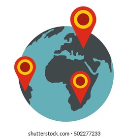 Globe earth with pointer marks icon. Flat illustration of globe vector icon for web design