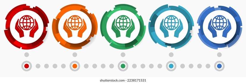 Globe, earth save concept vector icon set, modern design abstract web buttons in 5 color options, infographic template