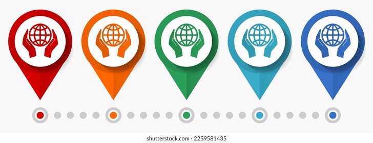 Globe, earth save concept vector icon set, flat design pointers, infographic template