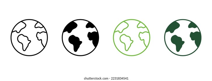 Globe Earth Silhouette and Line Icon. Global Planet Sphere Map Pictogram. Round World Continent Europe Africa America Australia Asia Icon. Editable Stroke. Isolated Vector Illustration.