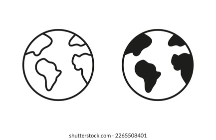 Globe Earth Silhouette and Line Icon Set. Global Planet Sphere Map Pictogram. Round World Continent Europe Africa America Australia Asia Sign. Editable Stroke. Isolated Vector Illustration.