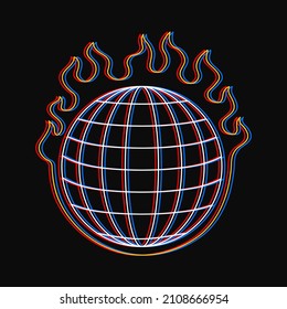 Globe earth sphere grid burn in fire t-shirt print. Vector hand drawn line style cartoon character logo illustration. Burn earth spere planet,burn,fire, meridian grid print for poster,logo,tee concept