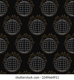 Globe earth sphere grid burn in fire seamless pattern. Vector hand drawn line style modern wallpaper illustration. Burn earth spere planet,burn,fire, meridian grid seamless pattern