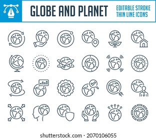 Globe and Earth thin line icons. World, Planet and Travel outline icon set. Editable stroke icons.