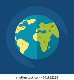 Globe earth with trees icon. Flat style. Vector illustration