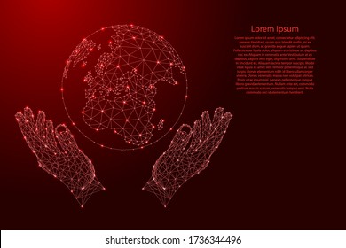 Globo de la Tierra y dos agarrados, protegiendo las manos de futuristas líneas rojas poligonales y brillantes estrellas por banner, afiche, tarjeta de saludo. Ilustración vectorial.