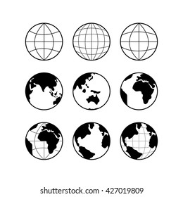 Globe Earth vector black icons set, vector globe signs isolated on white. Travel and science concept. 