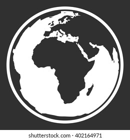 Globe earth vector icon. Earth planet globe web and mobile icon. Contour white symbol of earth planet in africa view. Black and white vector illustration.