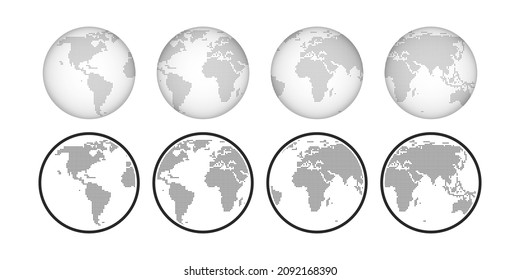 Globe Earth vector icon set. Globus world planet map black flat symbol and transparent collection.