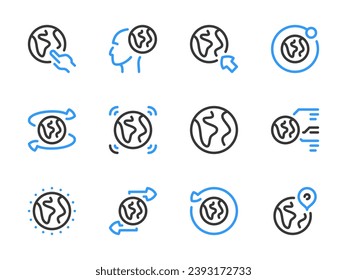 Iconos de la línea vector de globo y tierra. Conjunto de iconos Planeta y Esquema de red global.
