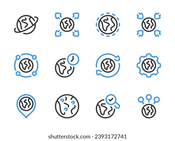 Globe and Earth vector line icons. Planet and Global network outline icon set.