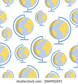 Globe Earth Vector Seamless Pattern on White Background. Vector Globe Earth Flat Design Texture. Can be used as wallpaper, wrapping paper, banner or card background template or else. Continents Map.