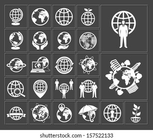 globe earth white web icons set on dark background