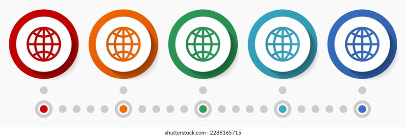 Globe, earth, world concept vector icon set, flat design colorful buttons, infographic template in 5 color options