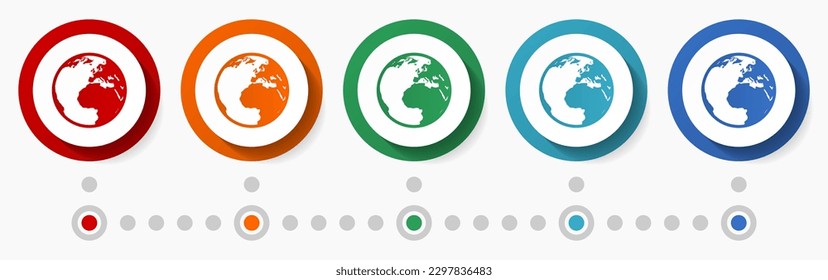 Globe, earth, world concept vector icon set, flat design colorful buttons, infographic template in 5 color options