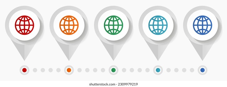 Globe, Erde, Weltkonzept, Vektorsymbole, bearbeitbare Infografik-Vorlage, Satz bunter Flachdesign-Zeiger