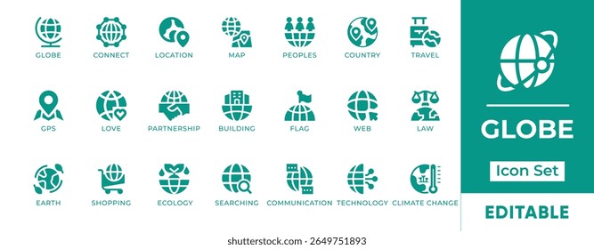 Globe, Earth, and World Icon Set. Features icons of global map, planet, connectivity, geography, and travel. Perfect for education, web, and environmental content.