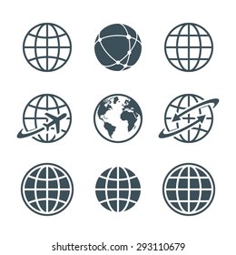 globe, earth, world icons set isolated on white background. ball wire, globe and airplane, globe with arrow. vector illustration