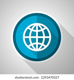 Globe, earth, world symbol, flat design vector blue icon with long shadow