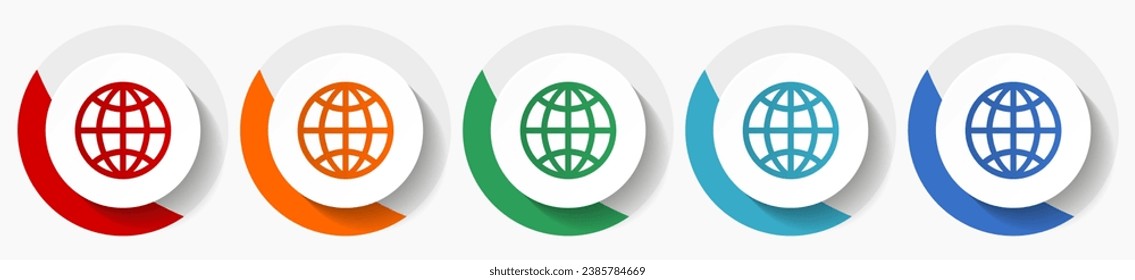 Globe, earth, world vector icon set, flat design colorful round icons in 5 color options for webdesign and mobile applications