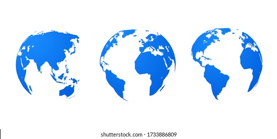 Globe earth world vector map. 3d blue transparent digital planet round globe icon set